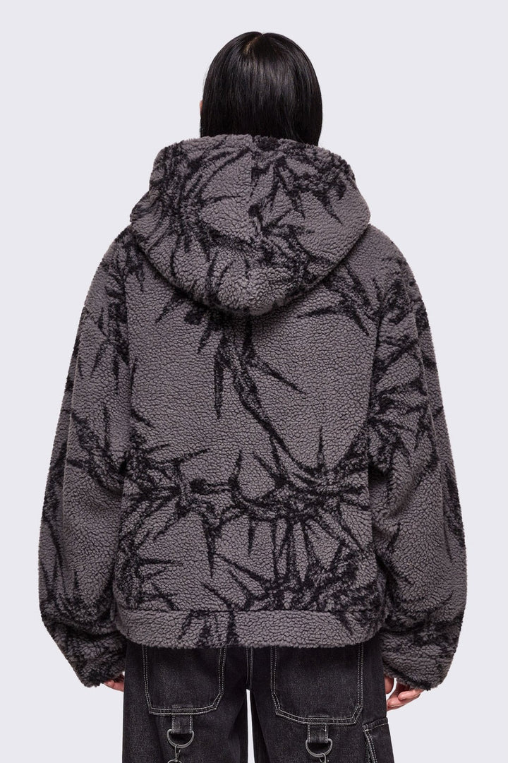 Grey Borg Fleece Jacket with Black Thorns Print | Minga London