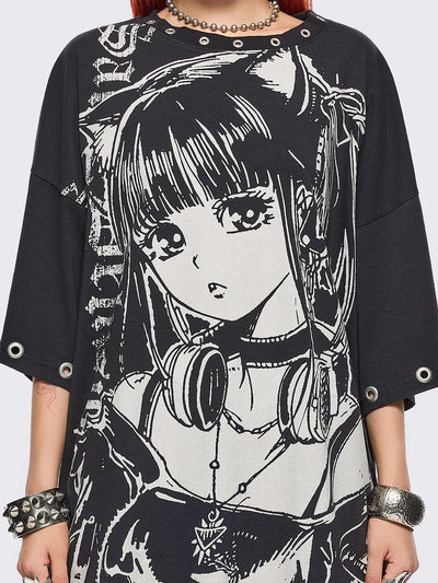 Black oversized t-shirt with anime girl graphic front print and silver eyelets trims.