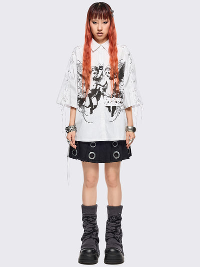 Grey flared leg warmers with black sigilism graphic design.