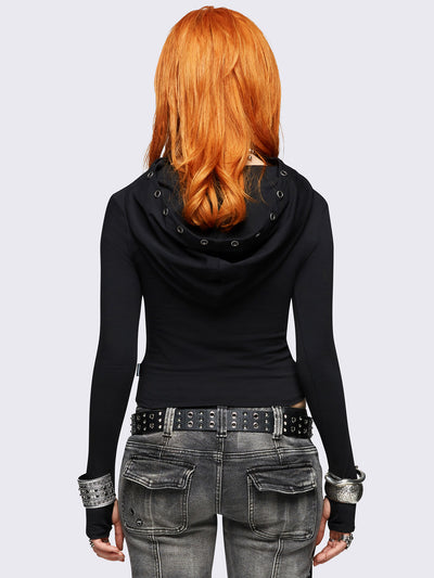 Black hooded top featuring a cowl neck with eyelets details, wings graphic front print and thumbhole cuffs. 