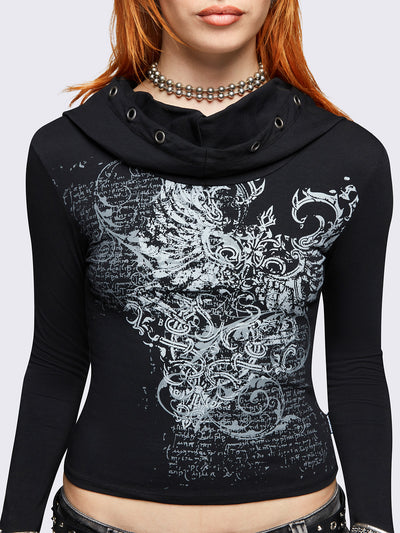 Black hooded top featuring a cowl neck with eyelets details, wings graphic front print and thumbhole cuffs. 