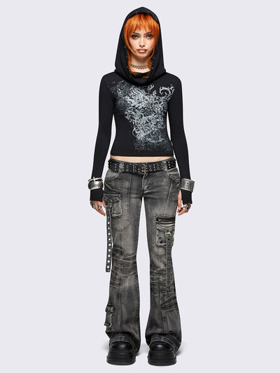 Black hooded top featuring a cowl neck with eyelets details, wings graphic front print and thumbhole cuffs. 
