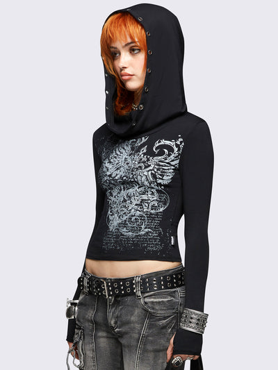 Black hooded top featuring a cowl neck with eyelets details, wings graphic front print and thumbhole cuffs. 