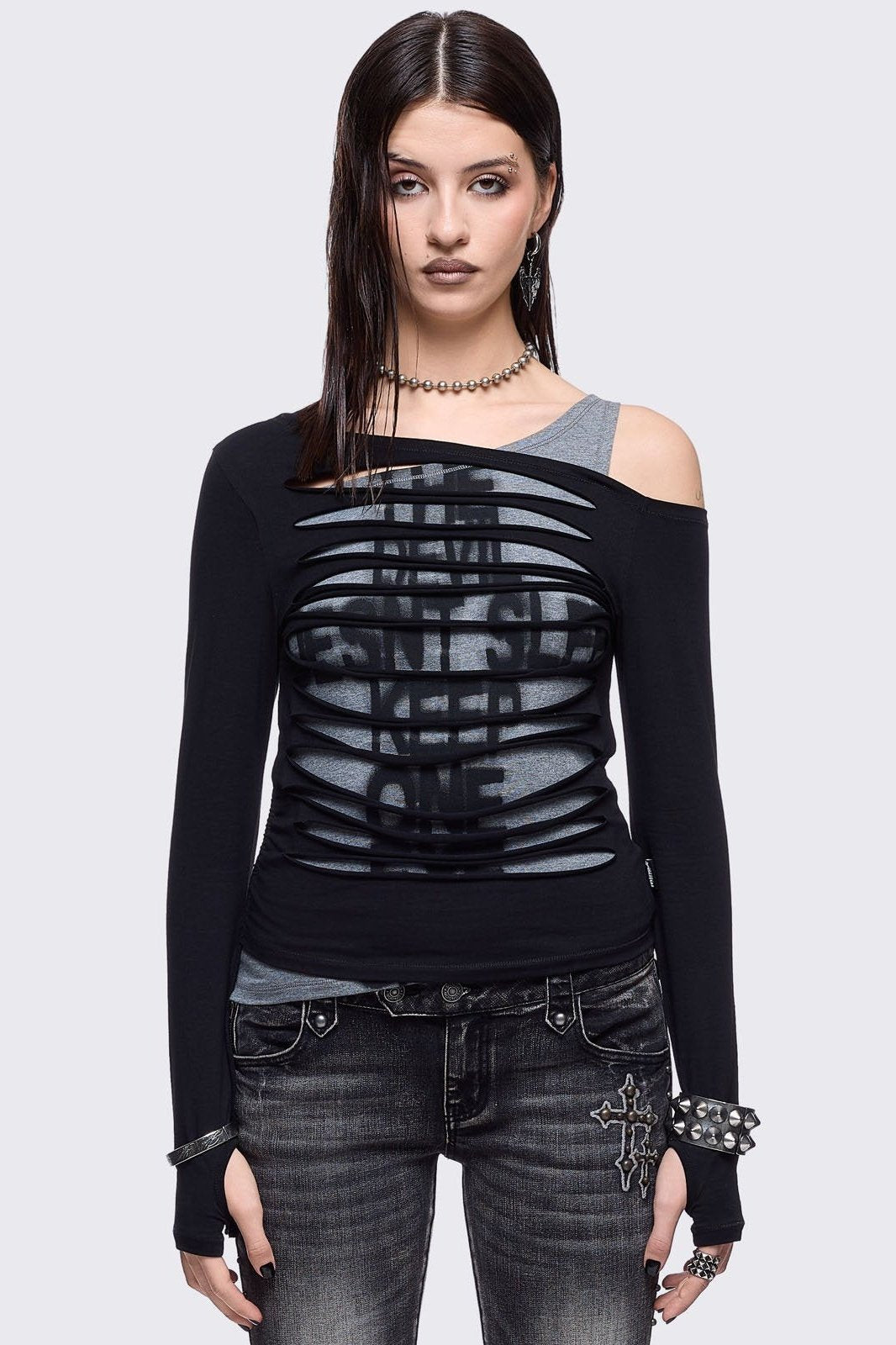 Black Slashed Layered Long Sleeve Top | Minga London