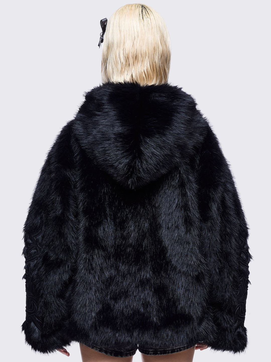 Black Faux Fur Hoodie Jacket with Sigilism Patches | Minga London