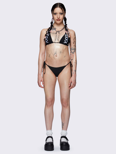 Halter neck triangle bikini top in black with contrast lace up in white and bow details in pink