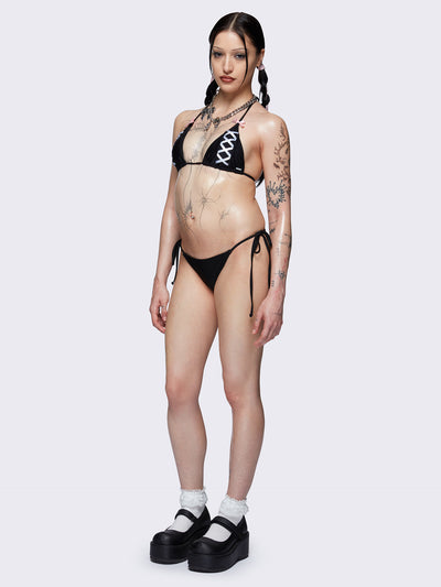Halter neck triangle bikini top in black with contrast lace up in white and bow details in pink