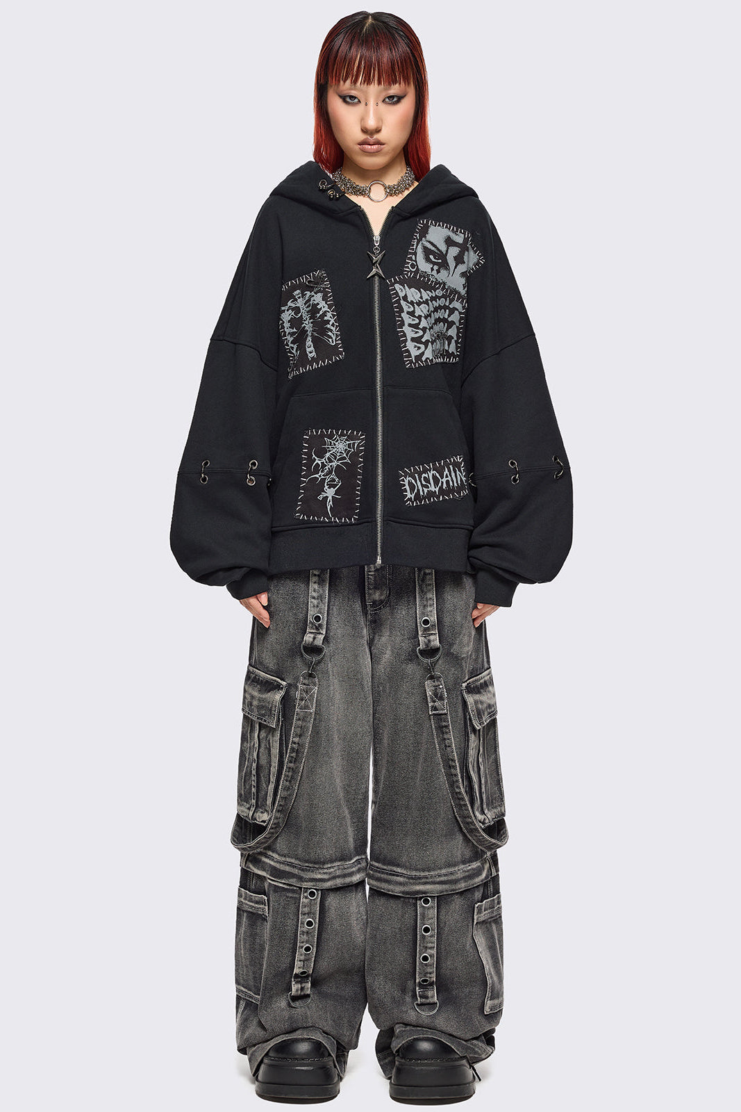 Oversized Zip Up Hoodie in Black with Grunge Patches | Minga London