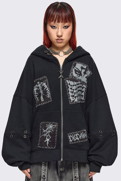 Oversized Zip Up Hoodie in Black with Grunge Patches | Minga London