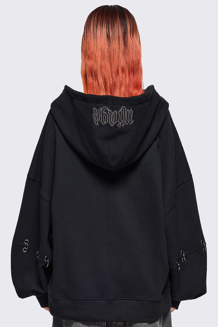 Oversized Zip Up Hoodie in Black with Grunge Patches | Minga London