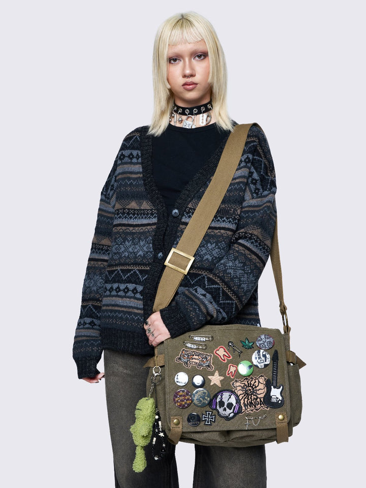 Khaki Canvas Messenger Bag with Frog Keychain Pins and Grunge Patches Minga London