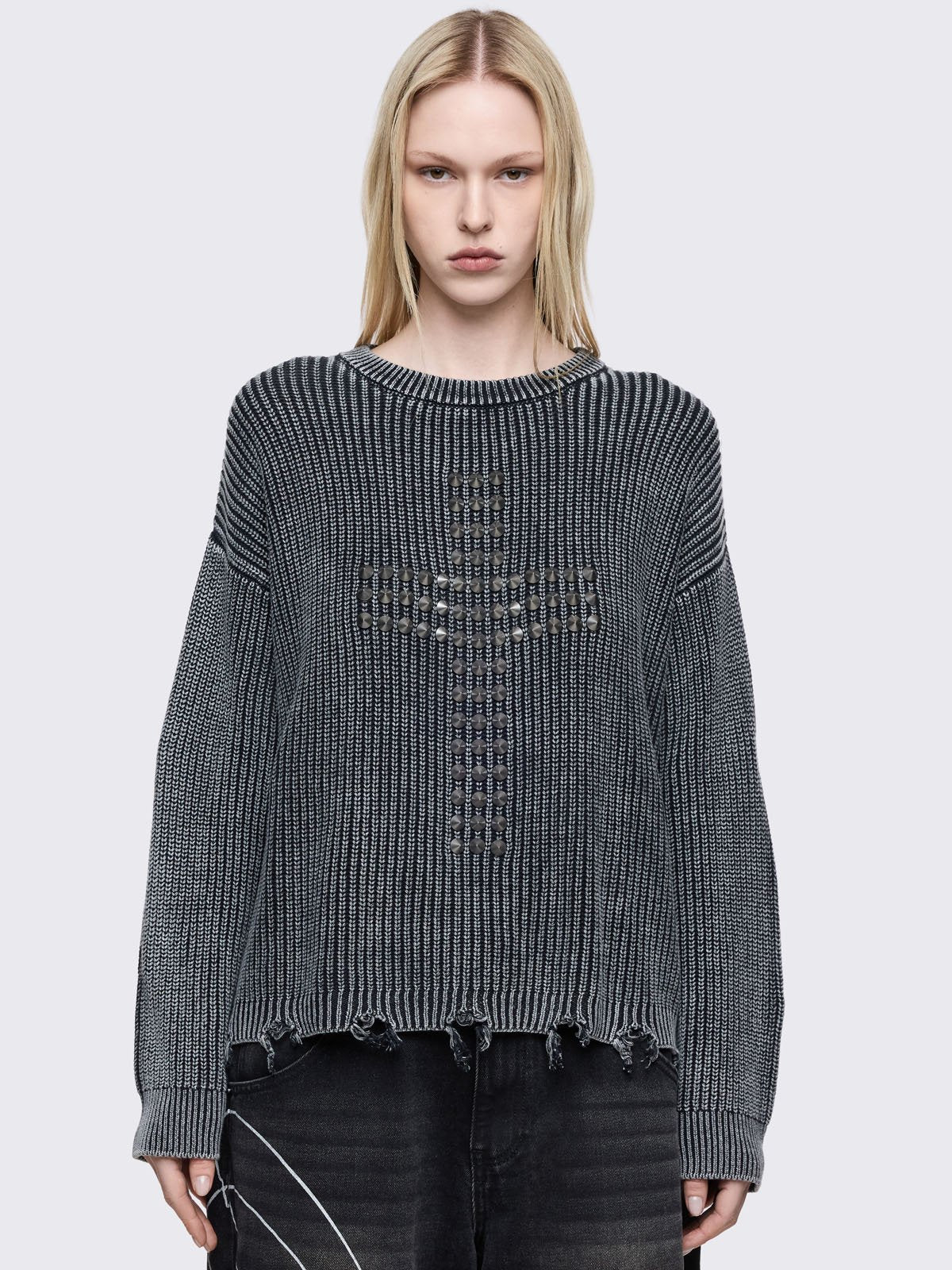 Black marl knit jumper with spiked cross design on front. 