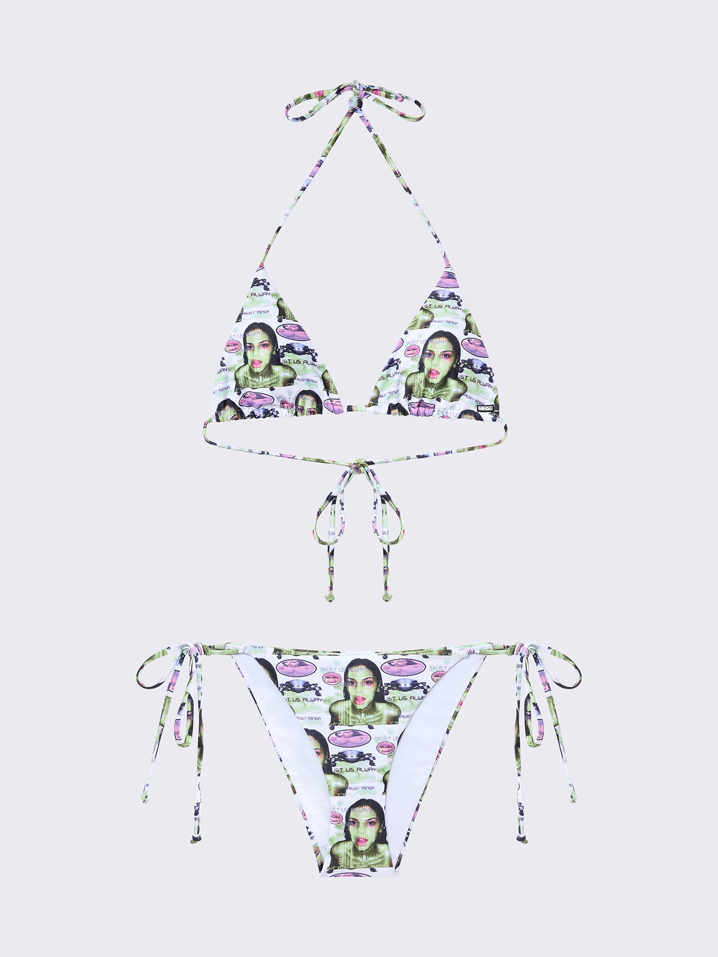 Triangle bikini top with all-over graphic by @pepela.nyc, halter neck, adjustable ties, and removable padded cups.
