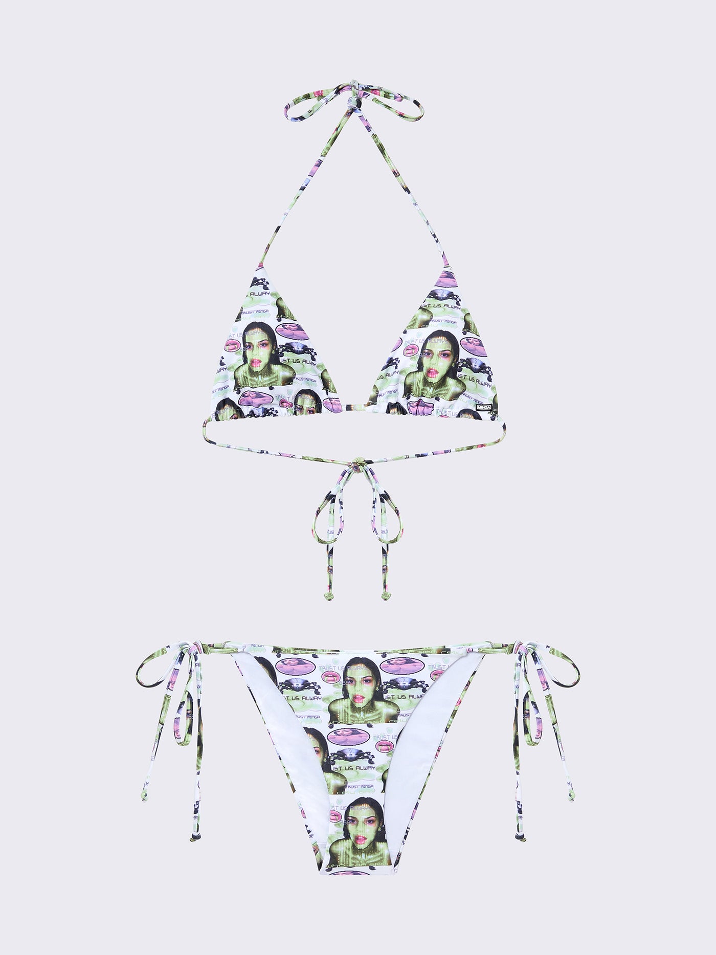 Triangle bikini top with all-over graphic by @pepela.nyc, halter neck, adjustable ties, and removable padded cups.