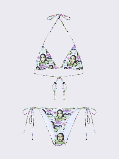 Triangle bikini top with all-over graphic by @pepela.nyc, halter neck, adjustable ties, and removable padded cups.