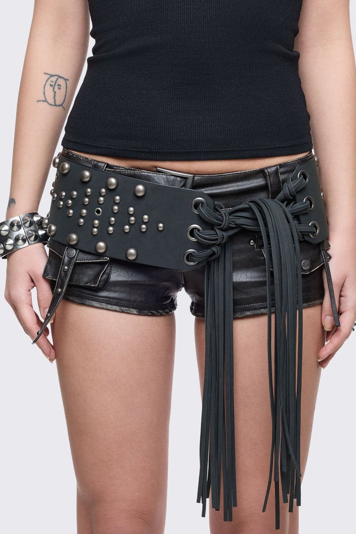 Black Studded Fringe Wide Belt | Minga London display picture 1