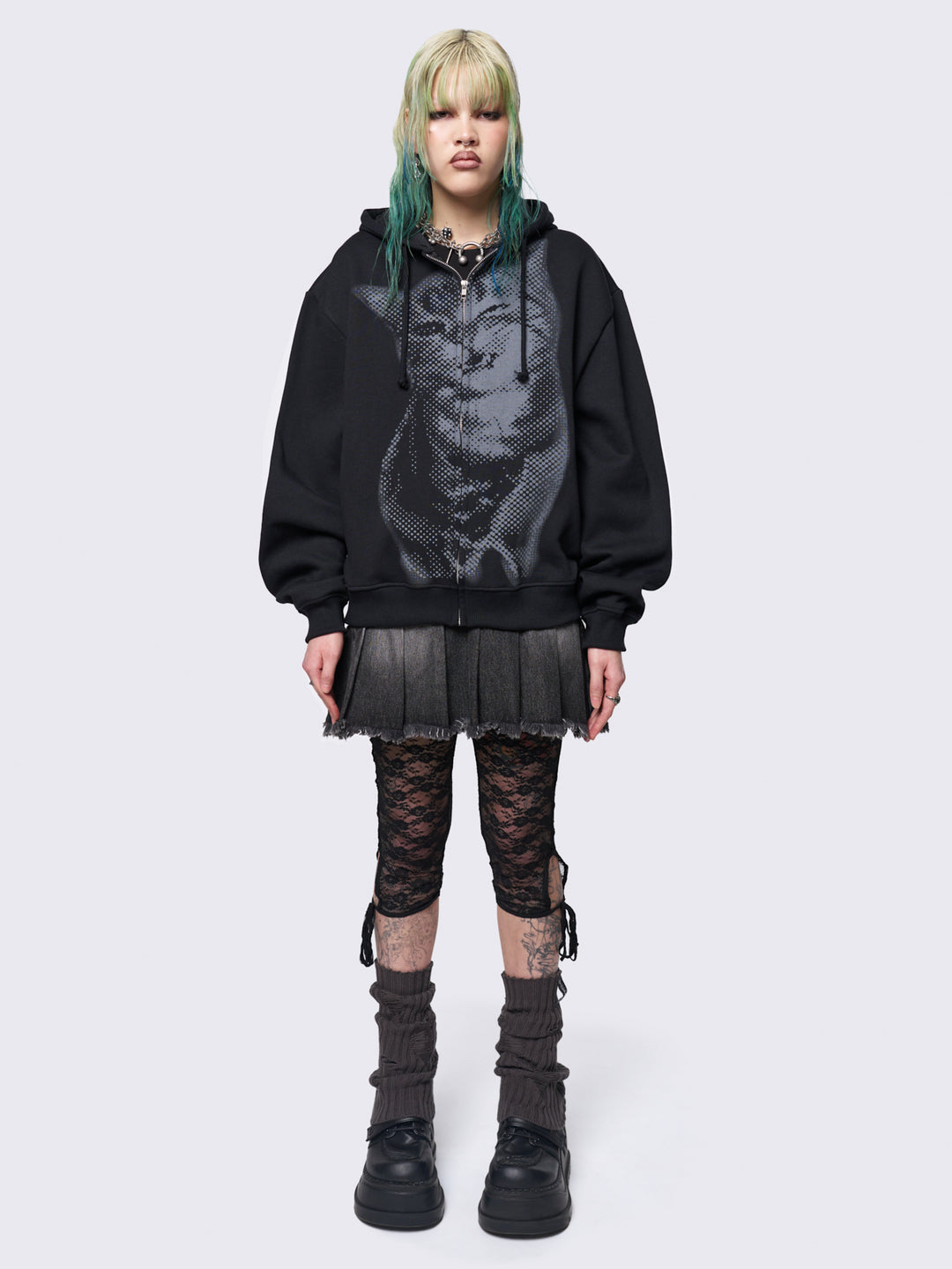 Kitty Graphic Oversized Zip Up Hoodie in Black | Minga London