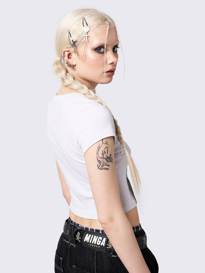 White cropped baby tee with pixel kitty graphic print. Perfect for Y2K and grunge-inspired looks