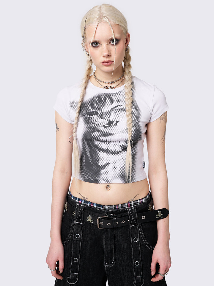 トップス melt the lady kitty cropped tops white Hello Kitty Face Outline Crew Neck Short Sleeve Women's