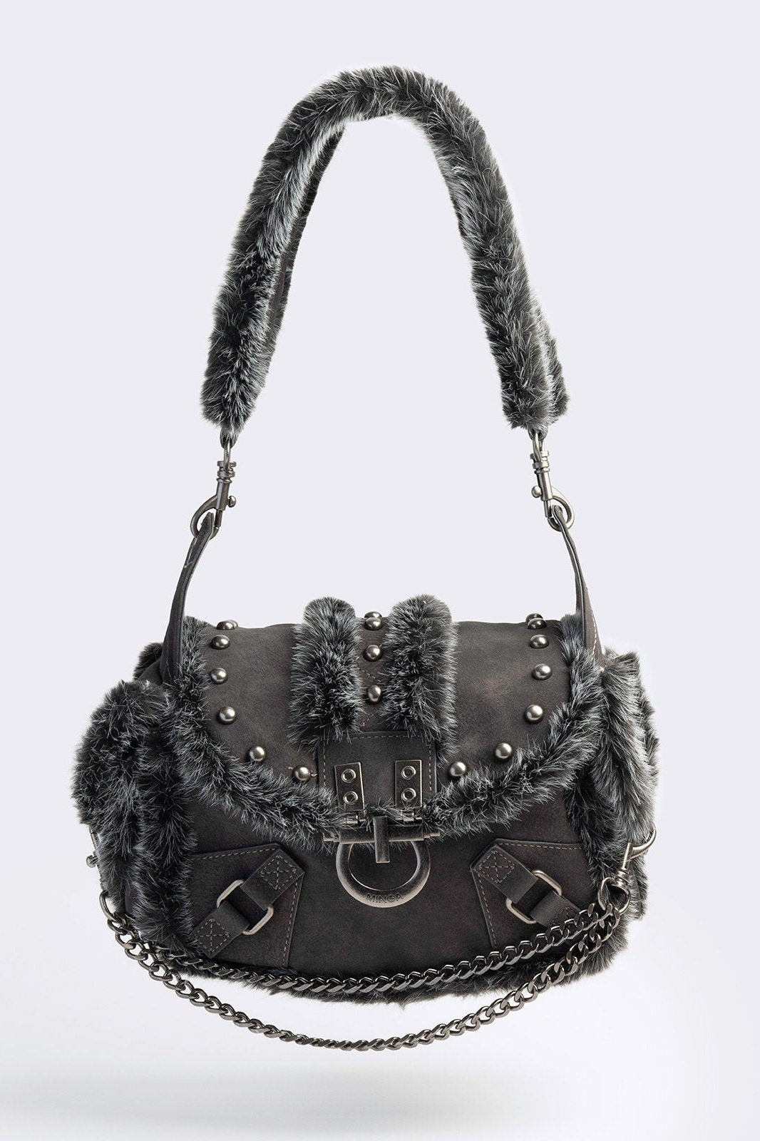 Black vegan shoulder bag with black and grey faux frosted fur and silver stud and hardware details 
