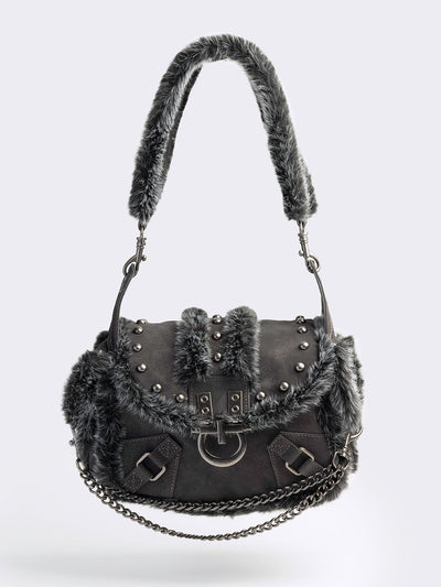Black vegan shoulder bag with black and grey faux frosted fur and silver stud and hardware details 