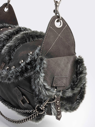 Black vegan shoulder bag with black and grey faux frosted fur and silver stud and hardware details 