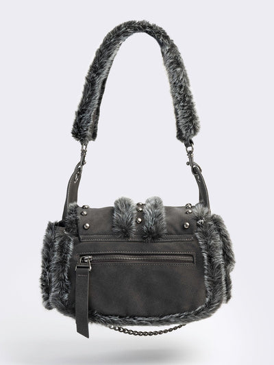 Black vegan shoulder bag with black and grey faux frosted fur and silver stud and hardware details 