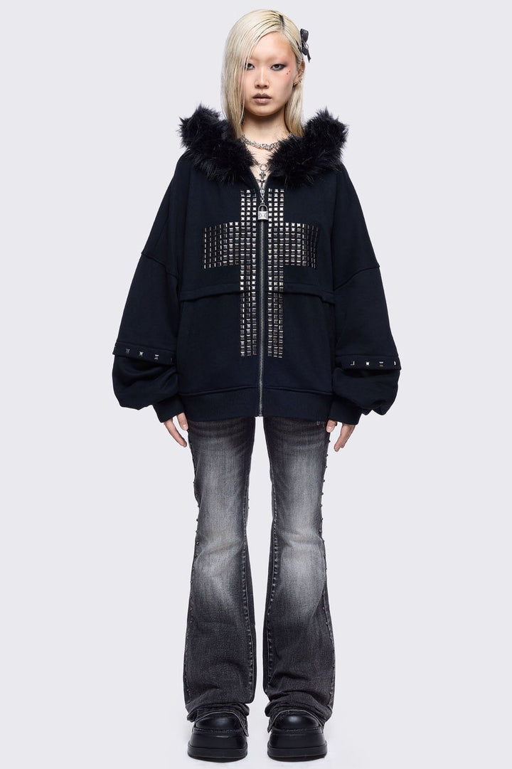 Oversized Zip Up Furry Hoodie with Studded Cross | Minga London