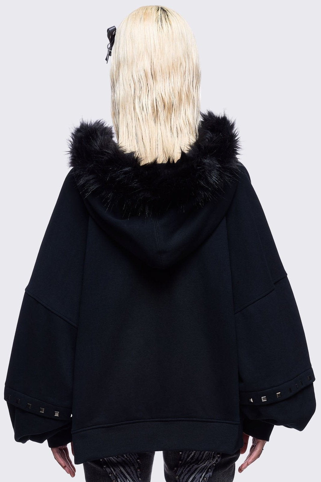 Oversized Zip Up Furry Hoodie with Studded Cross | Minga London