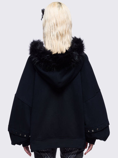 Black zip up hoodie jacket with faux fur hood with silver studded cross.