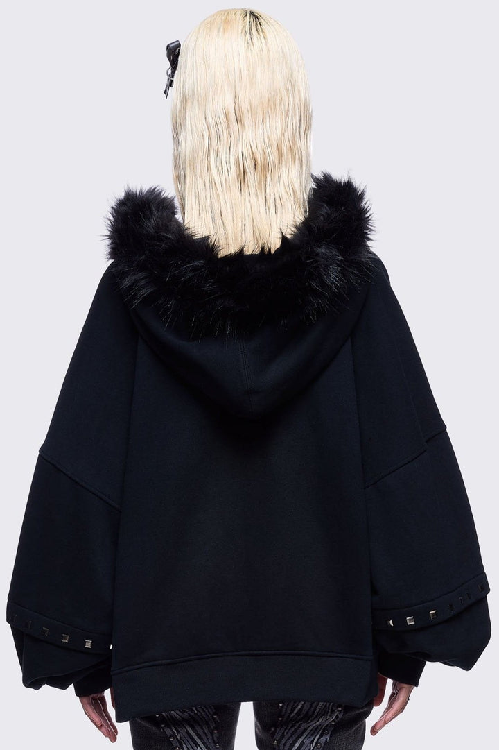 Oversized Zip Up Furry Hoodie with Studded Cross | Minga London Oversized Zip Up Furry Hoodie with Studded Cross | Minga London