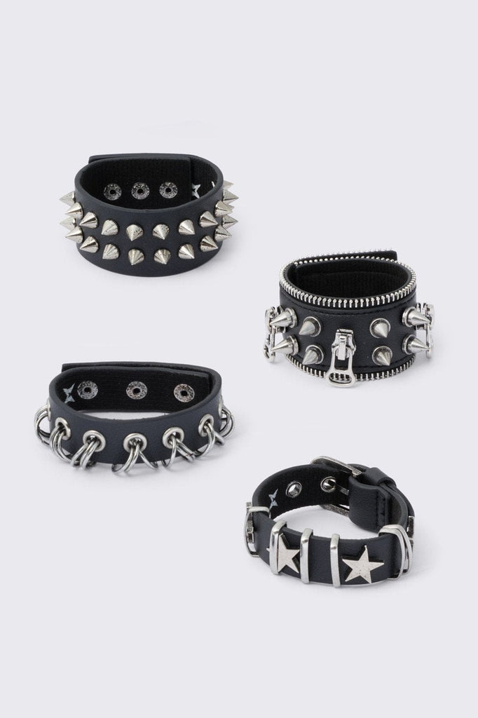 4 Pc Leather Bracelet Set - Spikes, Studs and Eyelets | Minga London