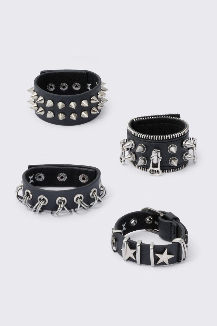 4 Pc Leather Bracelet Set - Spikes, Studs and Eyelets | Minga London