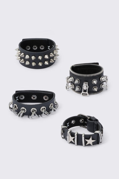 4 Pc Leather Bracelet Set - Spikes, Studs and Eyelets | Minga London