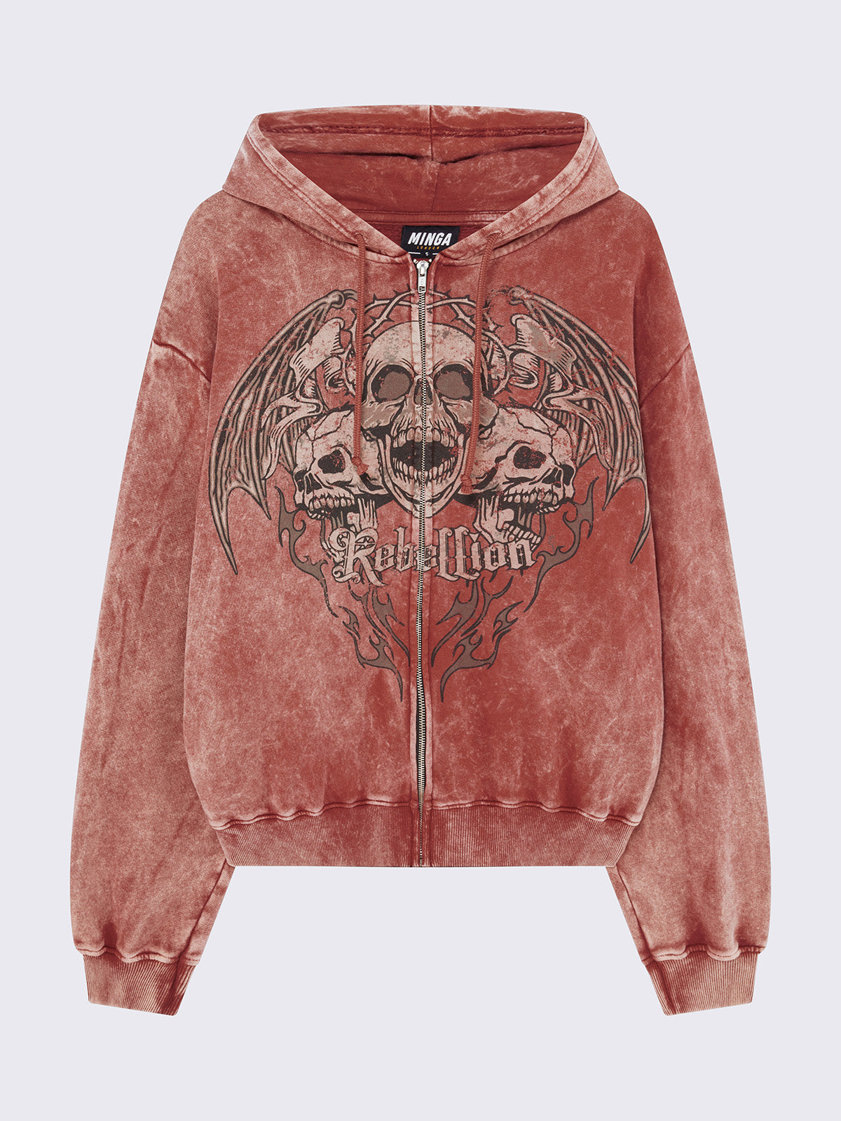 Oversized Skull Zip Up Hoodie in Washed Red Minga London