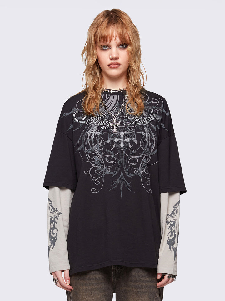 トップス unknown layered draped feather print tee redemption-layered-t-