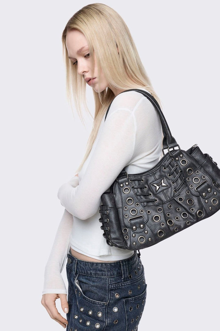 Vegan Leather Eyelet Shoulder Bag in Black | Minga London