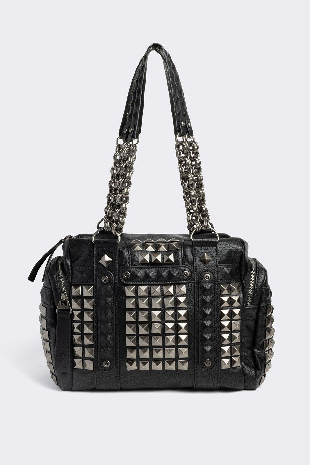 Black vegan leather shoulder bag with silver studs and two handles.