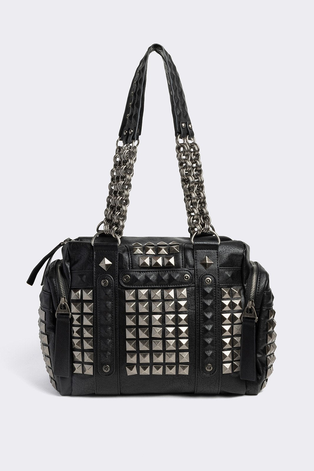Black vegan leather shoulder bag with silver studs and two handles.