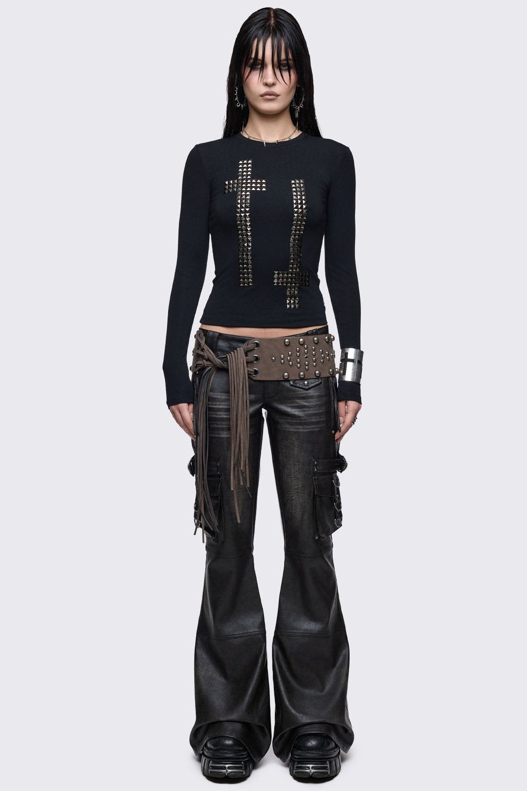 Black Long Sleeve Top with Studded Crosses | Minga London