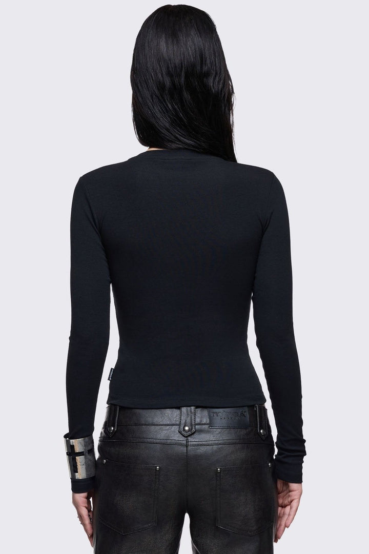 Black Long Sleeve Top with Studded Crosses | Minga London