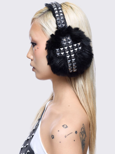 Black faux fur earmuffs with silver studded cross