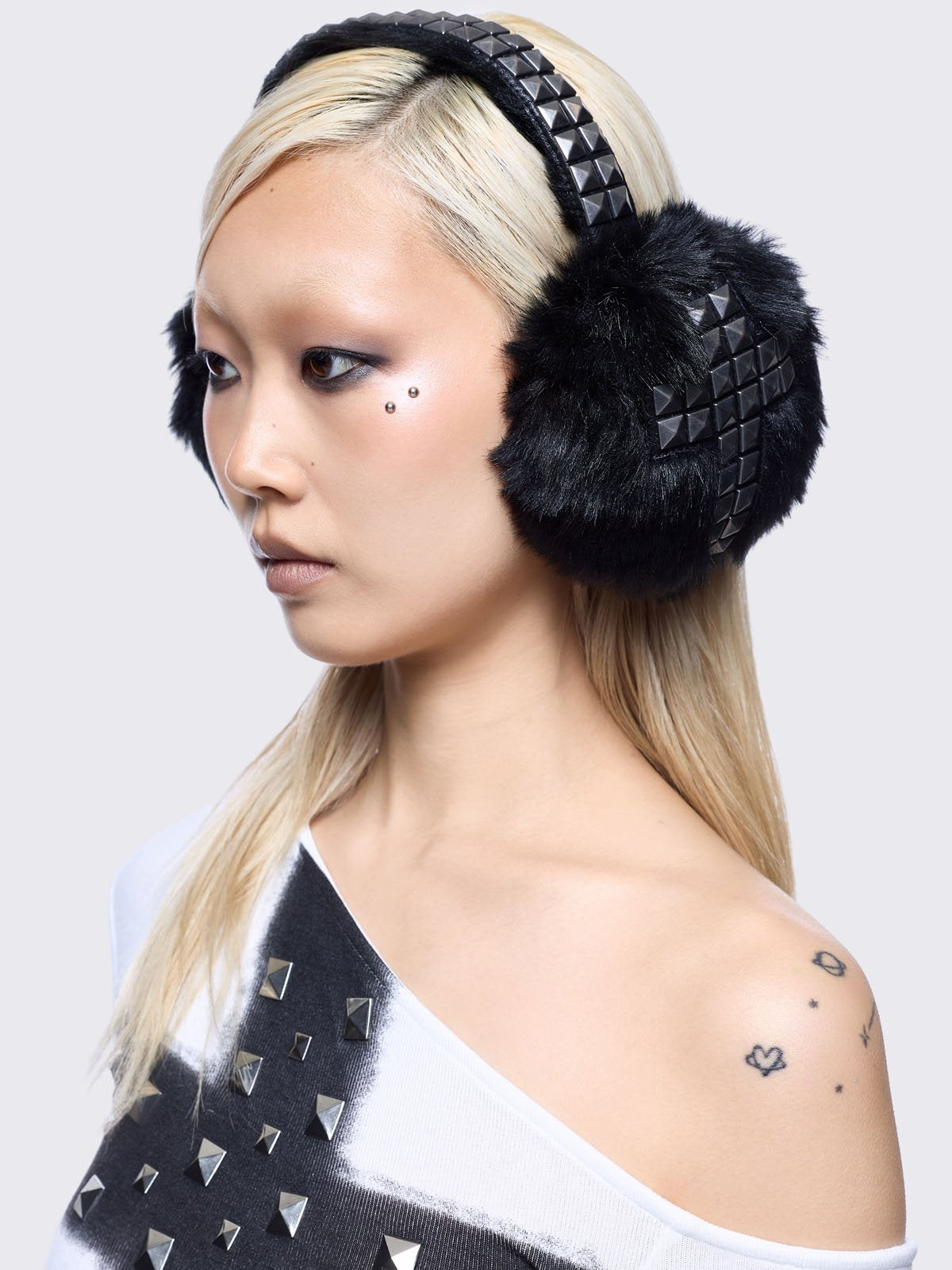 Black faux fur earmuffs with silver studded cross