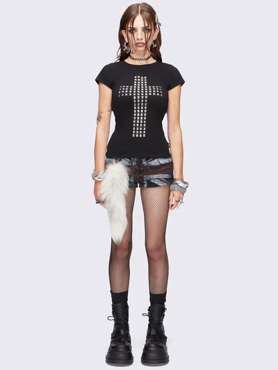 Black studded cross top with cut-out slashed open back.