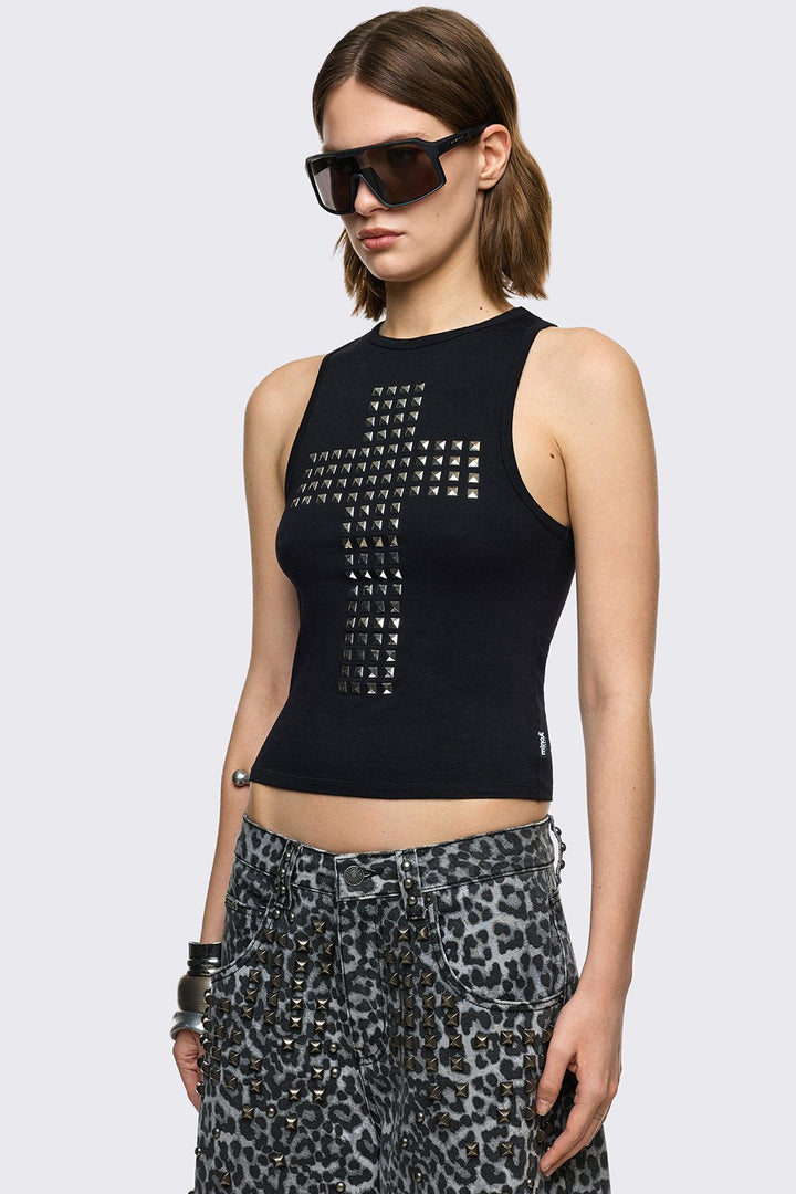 Black Studded Cross Tank Top with Open Slashed Back | Minga London