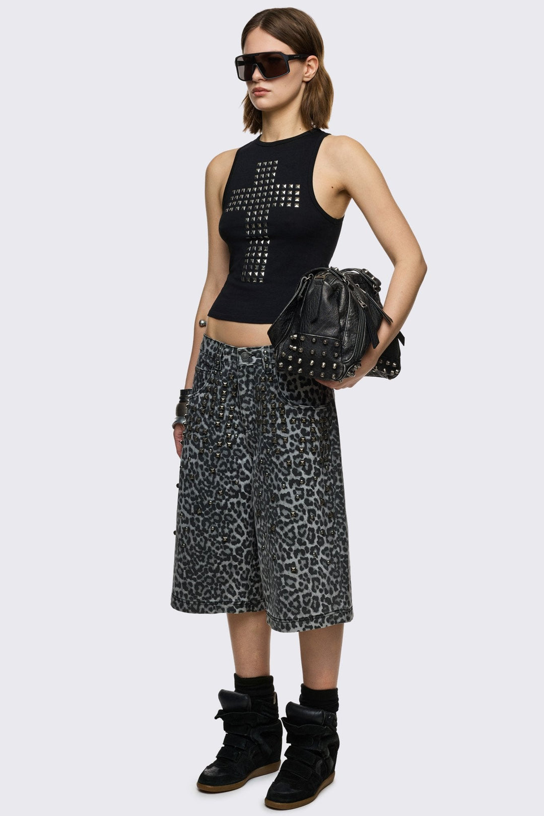 Black Studded Cross Tank Top with Open Slashed Back | Minga London
