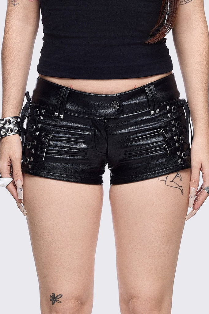 パンツ NKNIT vegan leather shorts pants Black Vegan Leather Hot Pants with Lace-Up and Studded Cross