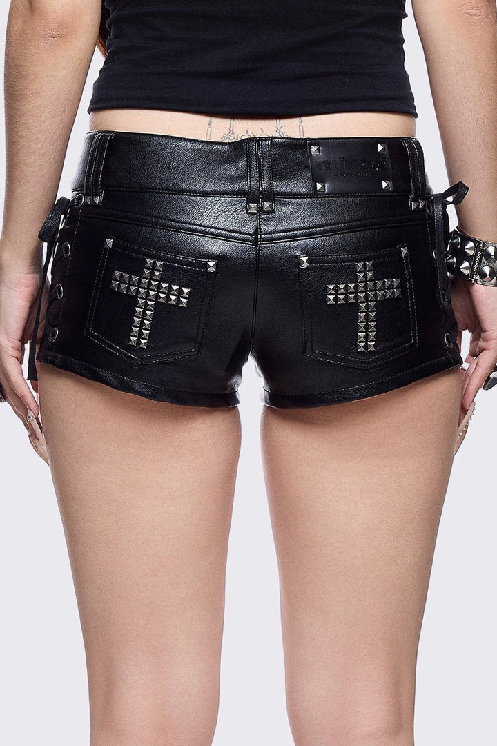Black Vegan Leather Hot Pants with Lace-Up and Studded Cross