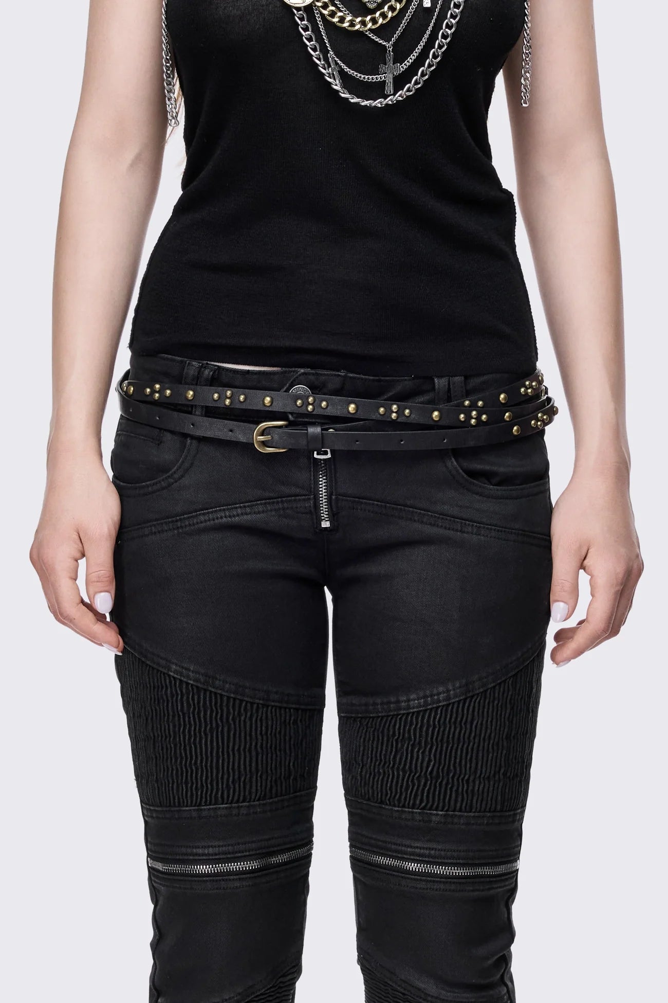 Black skinny faux leather wrap belt with antique brass studs, double wrap design and pin buckle.