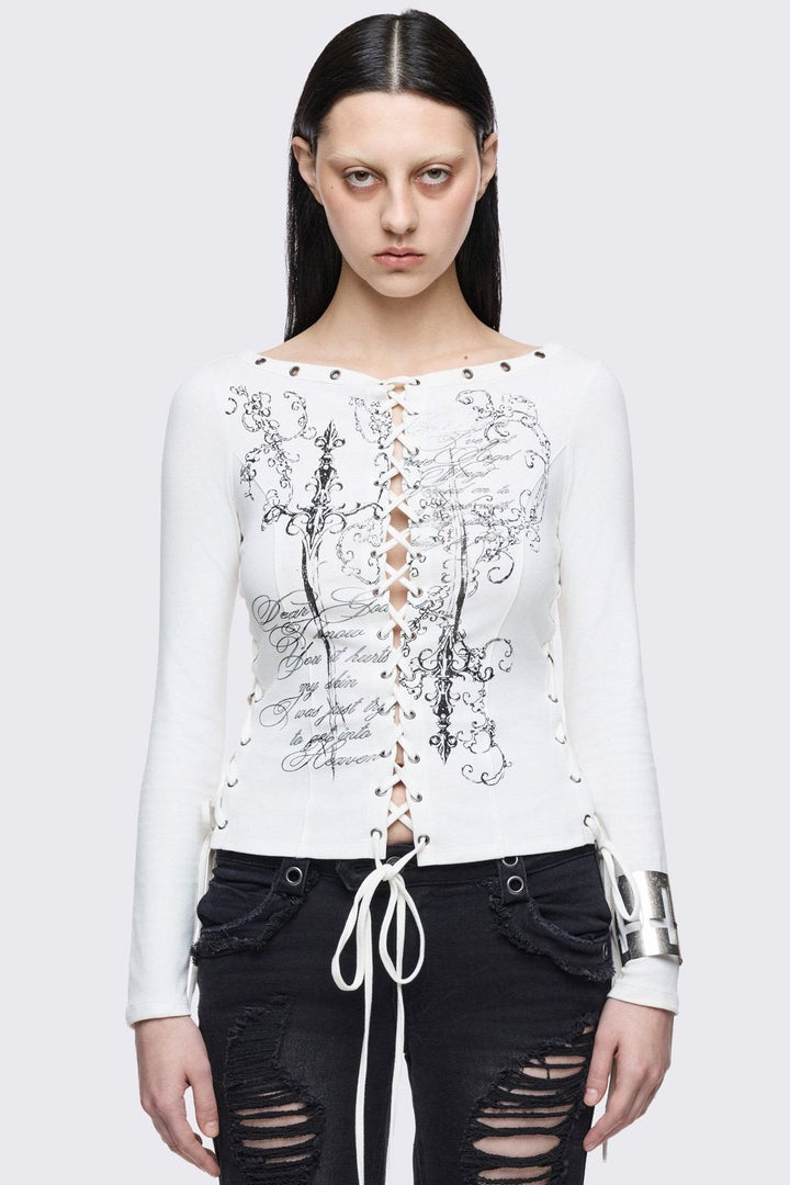 White Graphic Long Sleeve Lace-Up Top | Minga London